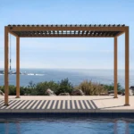 111S+Takasho+Wood+Grain+Aluminum+Pergola+with+Adjustable+Rainproof+Louver-89222967