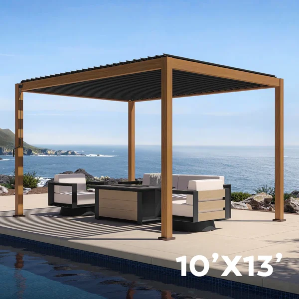 111S Takasho Wood Grain Aluminum Pergola with Adjustable Rainproof Louver - Image 2