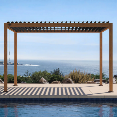 111S+Takasho+Wood+Grain+Aluminum+Pergola+with+Adjustable+Rainproof+Louver-89222967