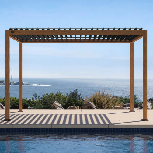 111S+Takasho+Wood+Grain+Aluminum+Pergola+with+Adjustable+Rainproof+Louver-89222967