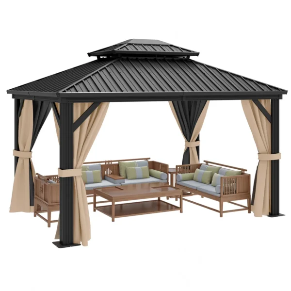 Outdoor Metal Hardtop Patio Gazebo with Privacy Curtain and Mosquito Netting - Image 2